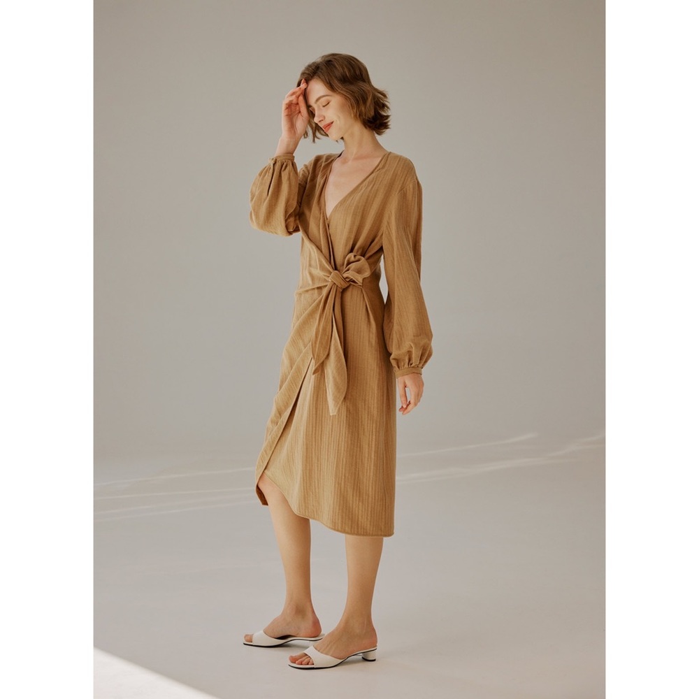 Nap Loungewear Linen Wrap Midi Dress in Sand Brown
